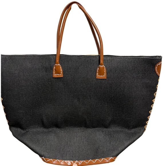 LARGE Diamond straw tan black tote bag NWT Summer beach pool farmer's market new - Picture 6 of 13